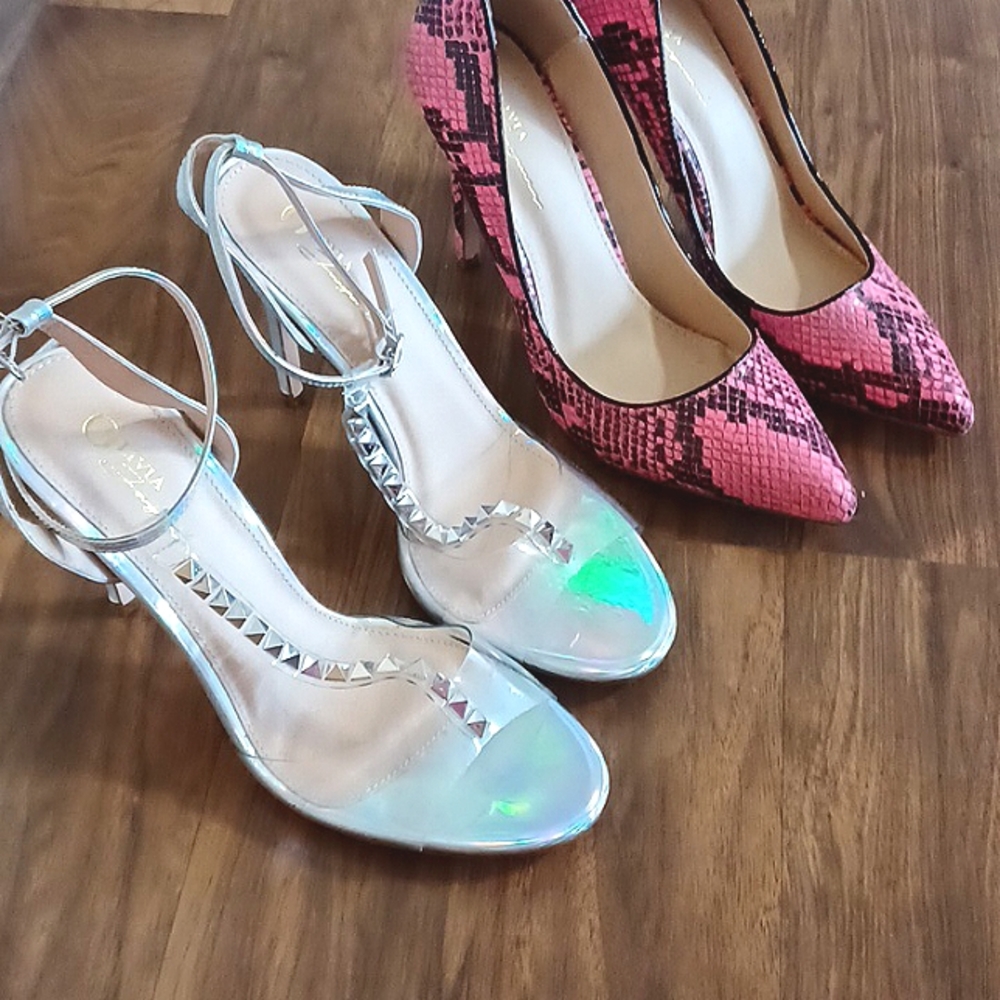 2 pairs, Olivia , shoes, high heels, snake, pink, silver studded, size 10,